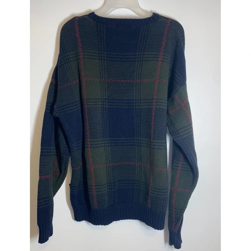 Nautica Mens XL Navy Blue Green Plaid 100% Cotton Crewneck Knit Sweater Pullover